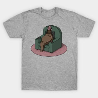 Cute slug in an armchair, relaxing with a cup of tea. Lazy, animal, tv T-Shirt